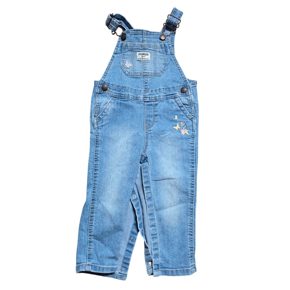 OshKosh‎ Bgosh 18M Baby Girl Denim Overalls Butterfly Floral Embroidered Blue